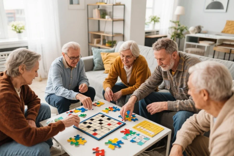 一群不同年龄的人围坐在现代客厅中，专注地玩着各种智力游戏如数独、拼图和记忆挑战，环境温馨活跃