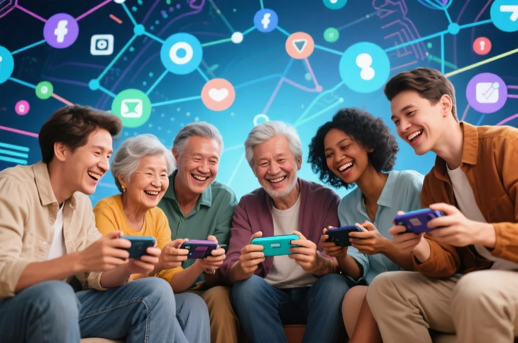 一群人享受数字娱乐，象征着社区和多元化体验